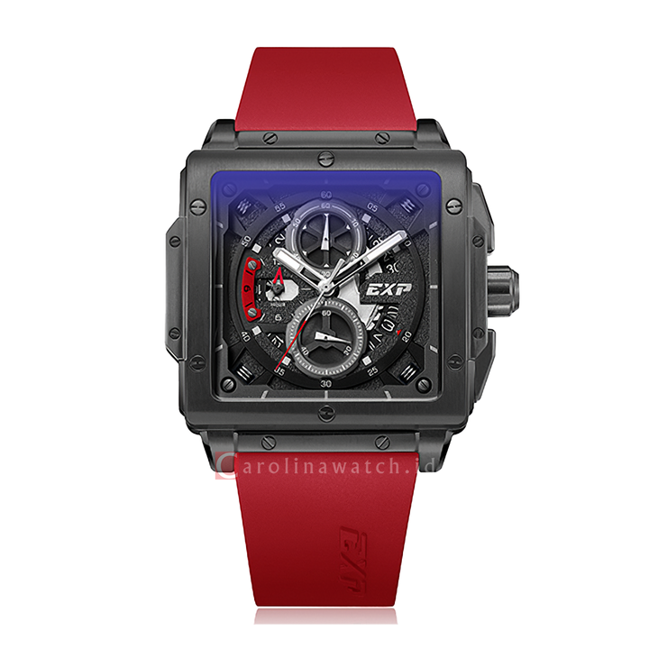 Jam Tangan Expedition EXP Chronograph EX 6844 MCRIGBARE Men Black Dial Red Rubber Strap