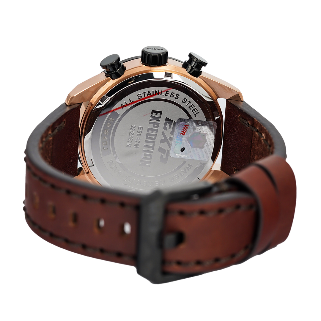 Jam Tangan Expedition EXP Multifunction EX 6847 MCLBRBA Men Chronograph Black Dial Brown Leather Strap
