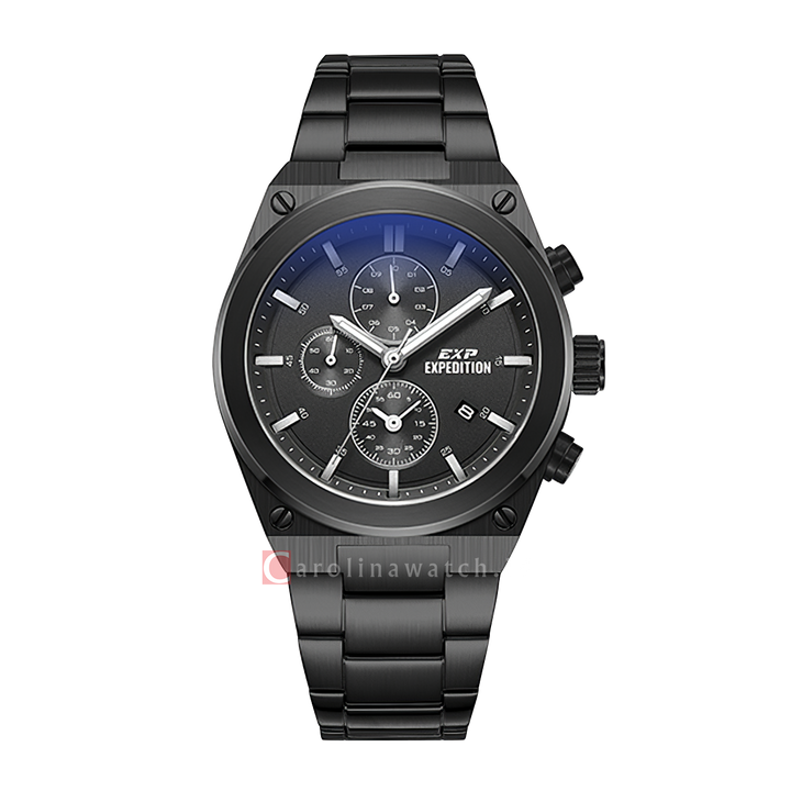 Jam Tangan Expedition EXP EX 6850 MCBIPBA Chronograph Men Black Dial Black Stainless Steel Strap