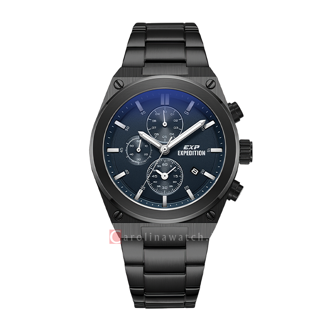 Jam Tangan Expedition EXP EX 6850 MCBIPBU Chronograph Men Blue Dial Black Stainless Steel Strap