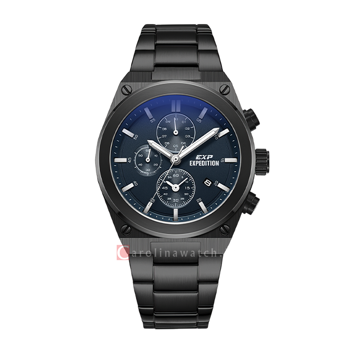 Jam Tangan Expedition EXP EX 6850 MCBIPBU Chronograph Men Blue Dial Black Stainless Steel Strap