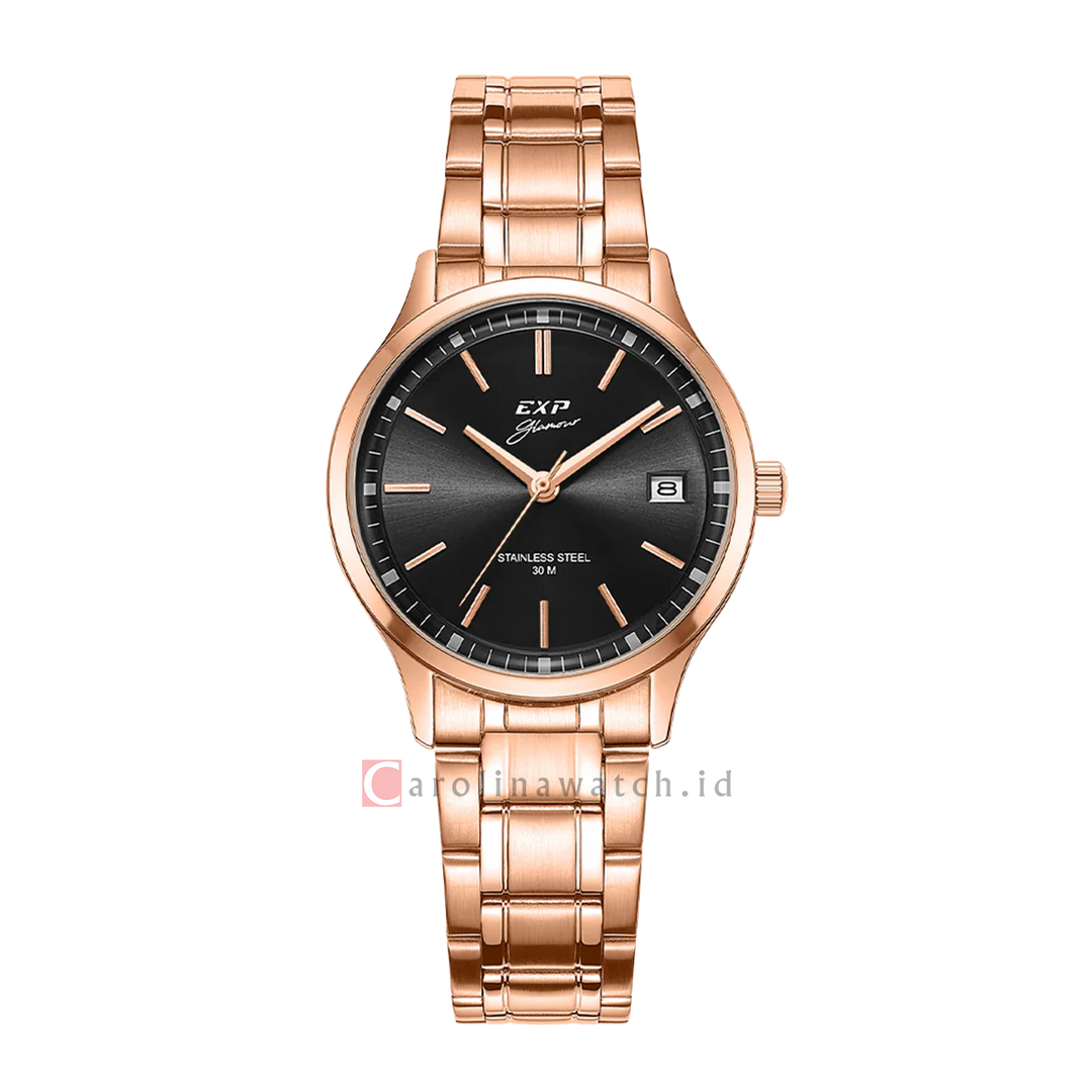 Jam Tangan Expedition EXP Glamour EX 6853 LDBRGBA Women Black Dial Rose Gold Stainless Steel Strap