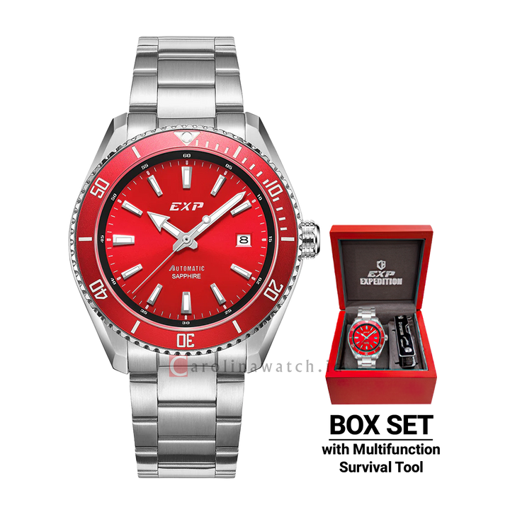 Jam Tangan Expedition EXP EX 6860 MABSSRE Automatic Men Red Dial Stainless Steel Strap