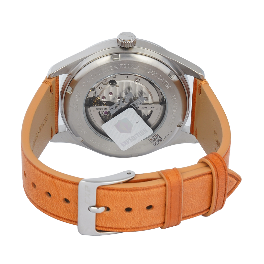 Jam Tangan Expedition EXP EX 6864 MALSSBAIV Automatic Men Black Dial Ivory Leather Strap