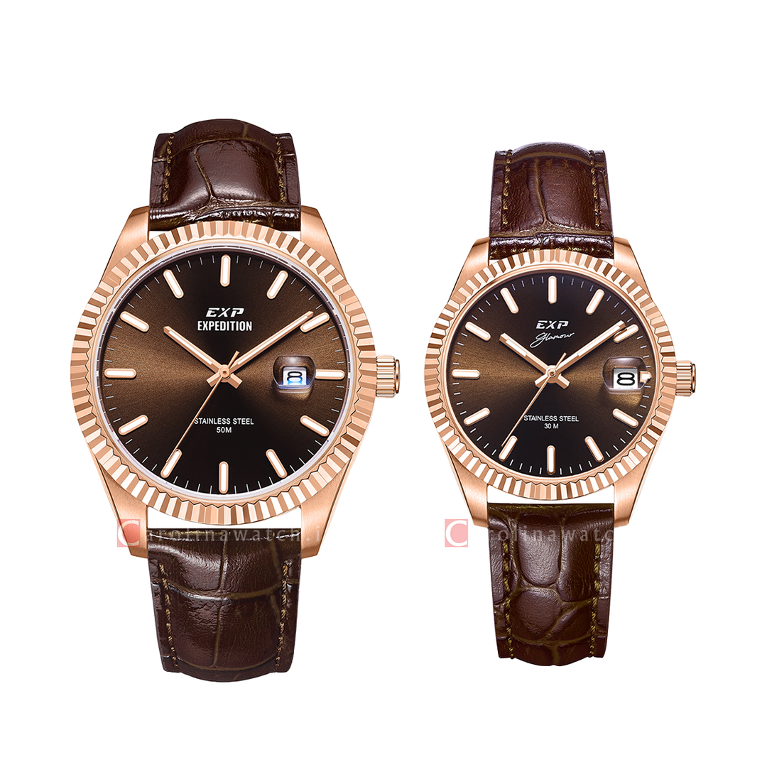 Jam Tangan Couple Expedition EXP Glamour EX 6865 M/LDLRGBO Brown Dial Brown Leather Strap
