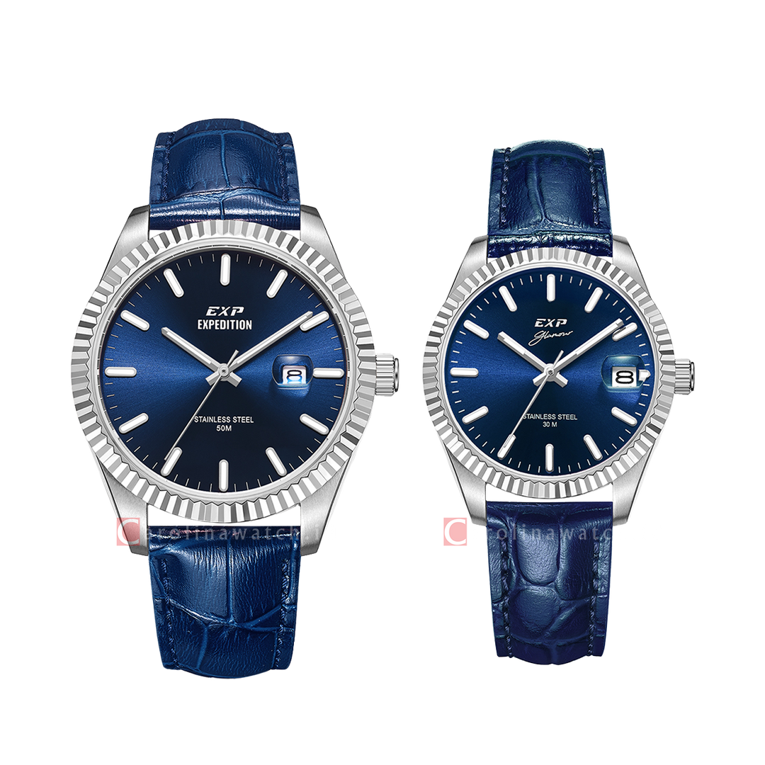 Jam Tangan Couple Expedition EXP Glamour EX 6865 M/LDLSSBU Blue Dial Blue Leather Strap