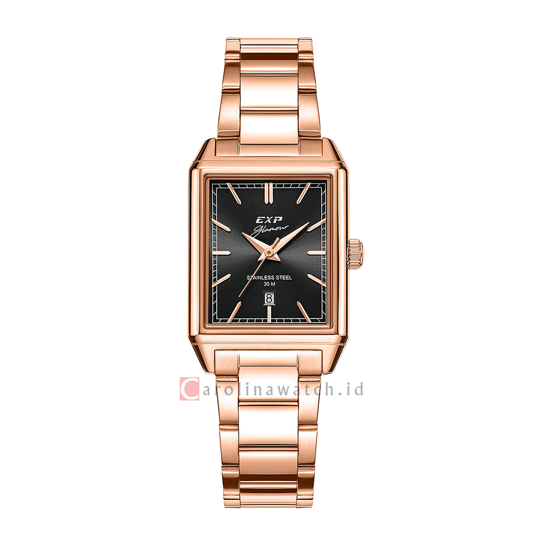 Jam Tangan Expedition EXP Glamour EX 6866 LDBRGBA Women Black Dial Rose Gold Stainless Steel Strap