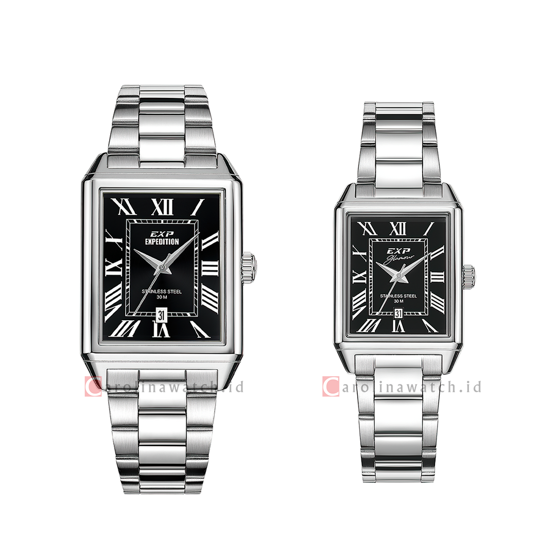 Jam Tangan Couple Expedition EXP EX 6866 M/LDBSSBARM Tank Black Dial Stainless Steel Strap