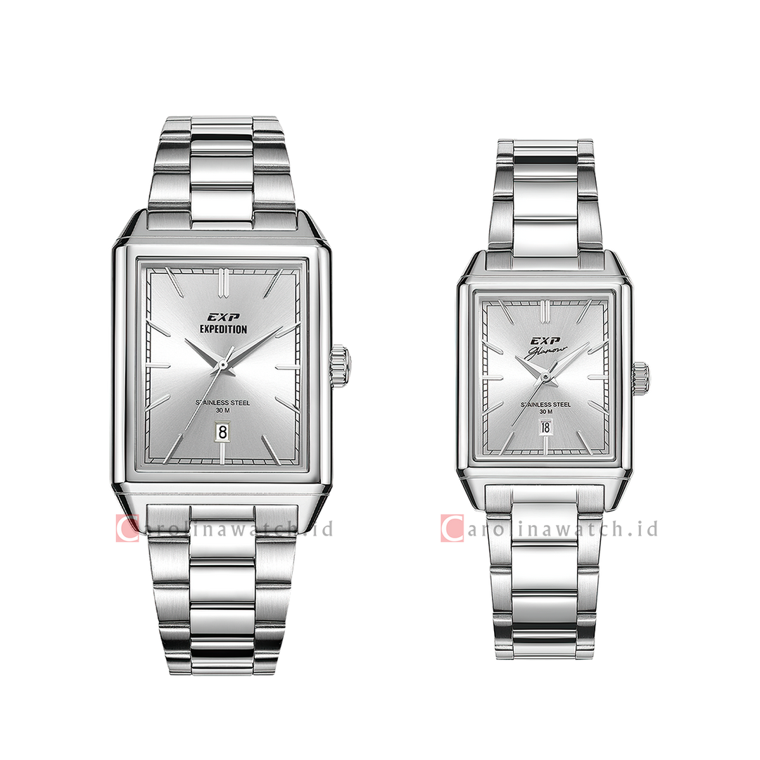 Jam Tangan Couple Expedition EXP EX 6866 M/LDBSSSL Silver Dial Stainless Steel Strap