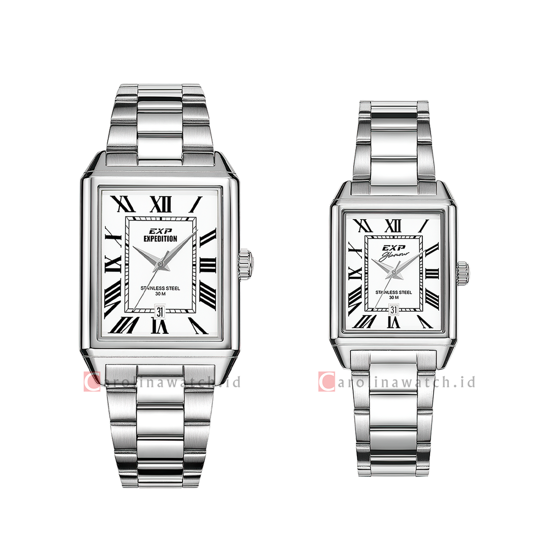 Jam Tangan Couple Expedition EXP EX 6866 M/LDBSSSLRM Tank Silver White Dial Stainless Steel Strap