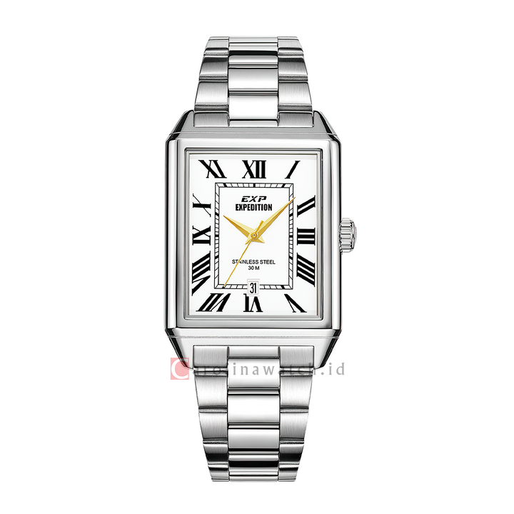 Jam Tangan Expedition EXP EX 6866 MDBSSSLIVRM Tank Men Silver White Dial Stainless Steel Strap