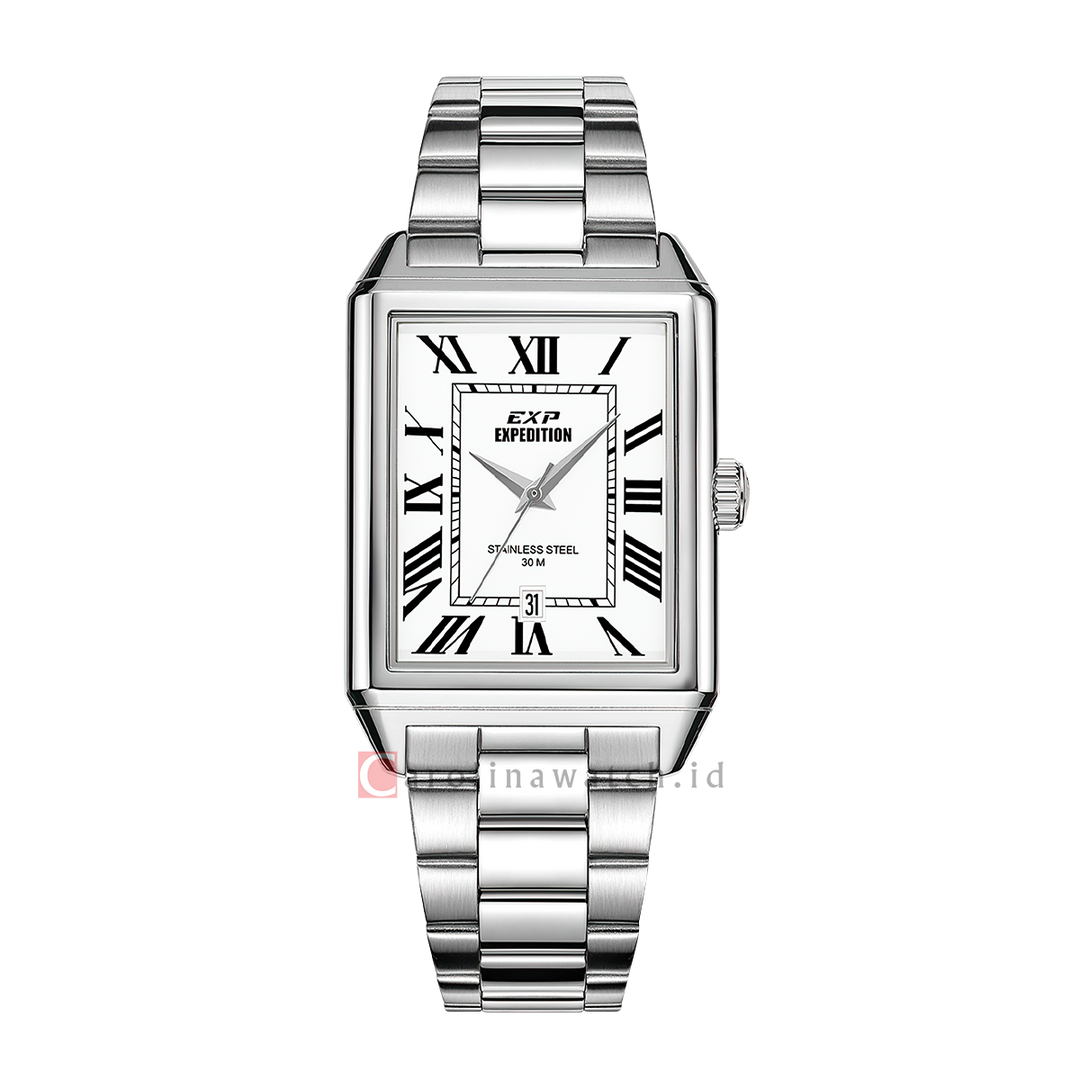 Jam Tangan Expedition EXP EX 6866 MDBSSSLRM Tank Men Silver White Dial Stainless Steel Strap