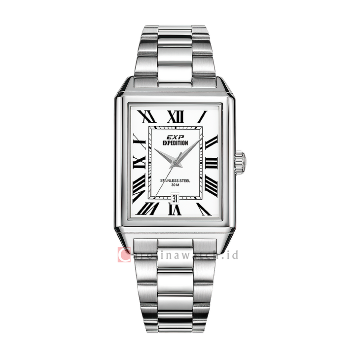 Jam Tangan Expedition EXP EX 6866 MDBSSSLRM Tank Men Silver White Dial Stainless Steel Strap