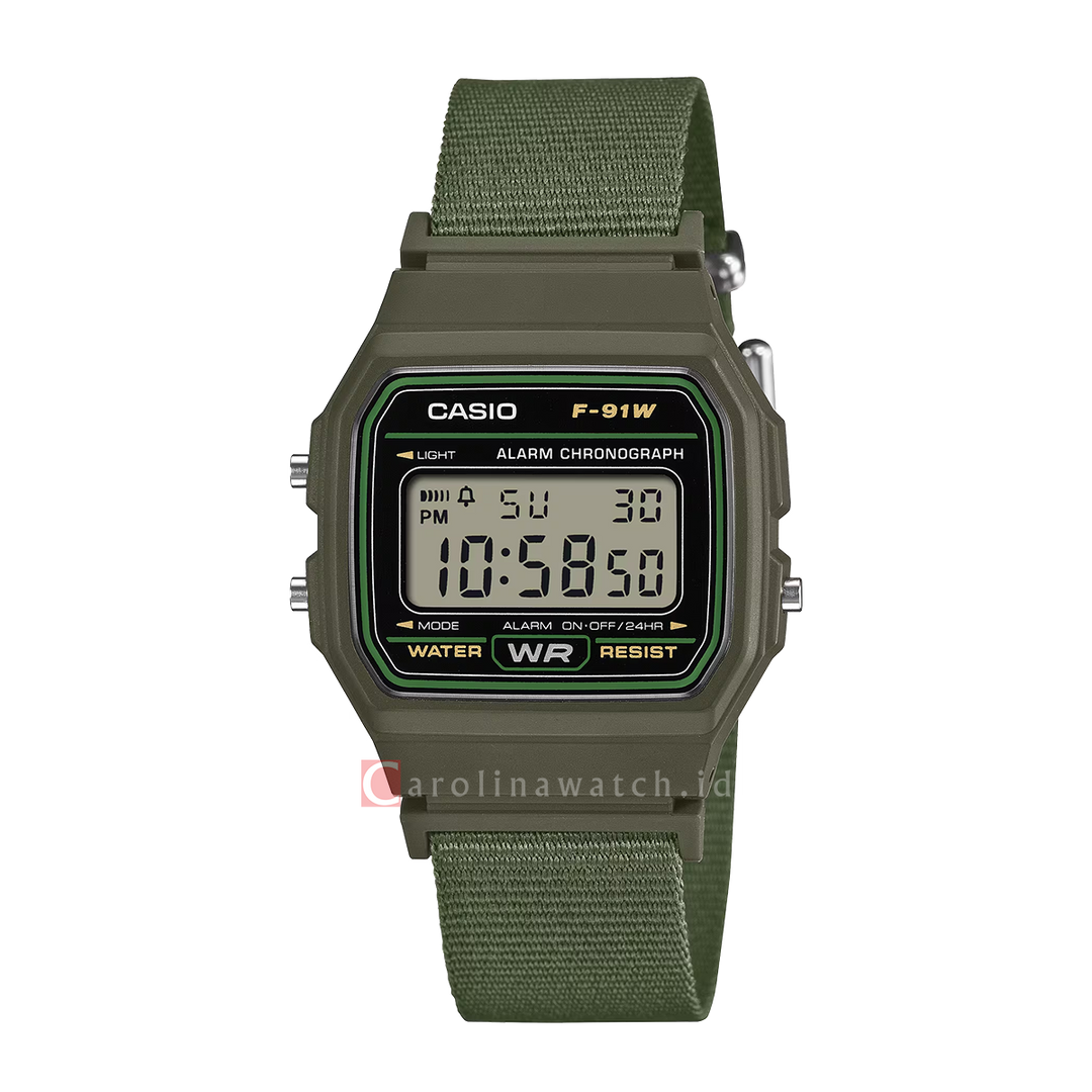 Jam Tangan Casio General F-91WF-3A Unisex Digital Dial Green Resin Band