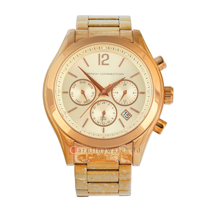 Jam Tangan FRENCH CONNECTION FC1230RGM Multifunction Women Gold Dial Rose Gold Stainless Steel Strap