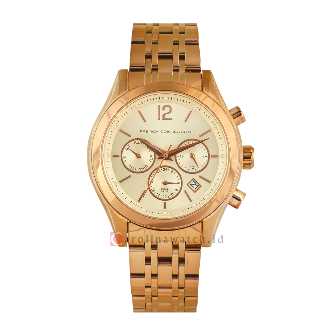 Jam Tangan FRENCH CONNECTION FC1230RGM Multifunction Women Gold Dial Rose Gold Stainless Steel Strap