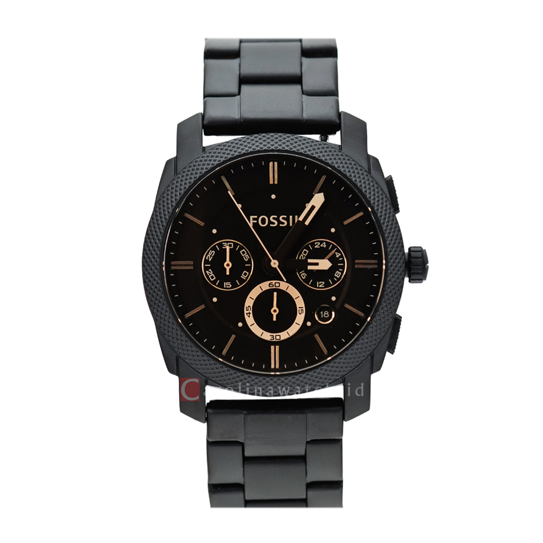 Jam Tangan Fossil Machine FS4682IE Chronograph Mid-Size Men Black Dial Black Stainless Steel Strap