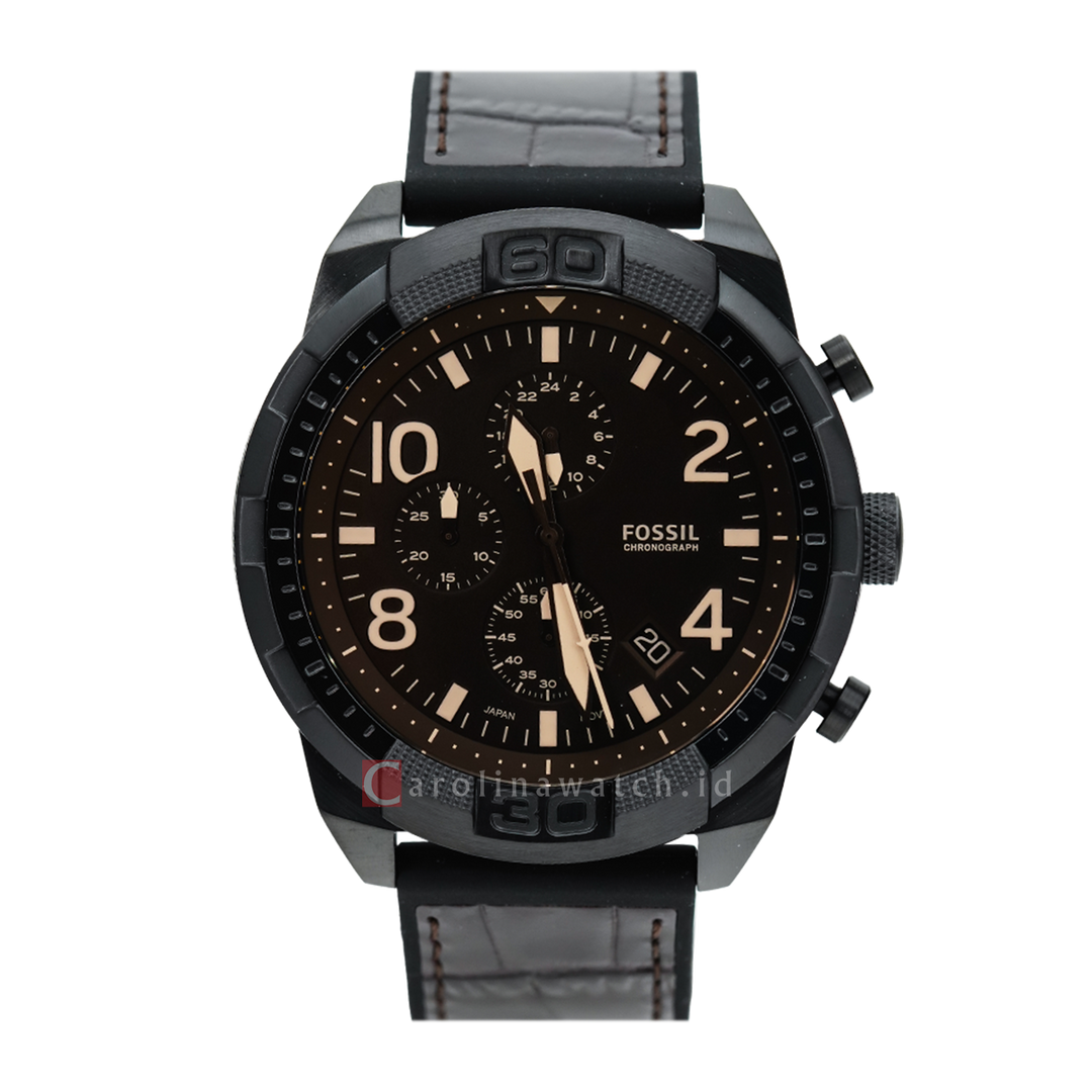 Jam Tangan Fossil Bronson FS5713 Chronograph Men Black Dial Brown Leather Strap