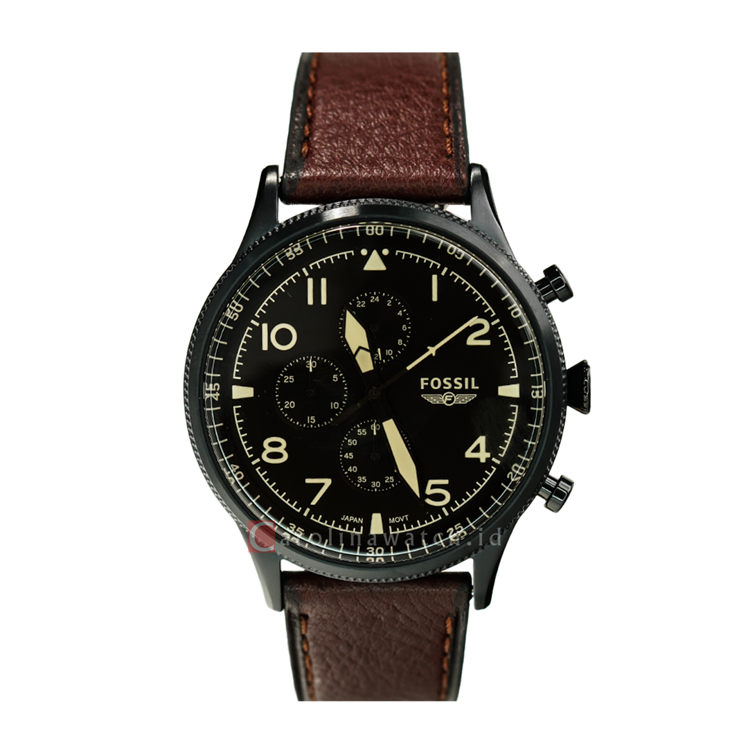 Jam Tangan Fossil Retro Pilot FS5833 Chronograph Men Dark Brown Dial Brown Leather Strap