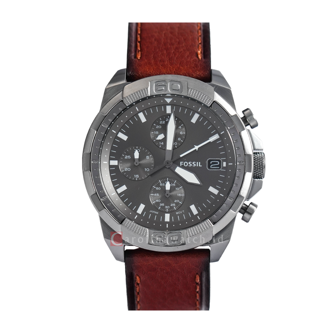 Jam Tangan Fossil Bronson FS5855 Chronograph Men Grey Dial Brown Leather Strap