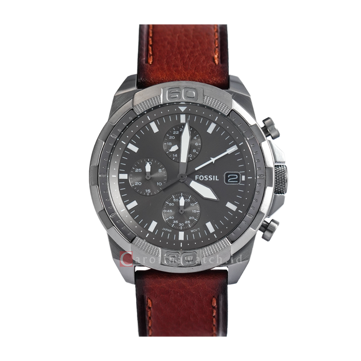 Jam Tangan Fossil Bronson FS5855 Chronograph Men Grey Dial Brown Leather Strap