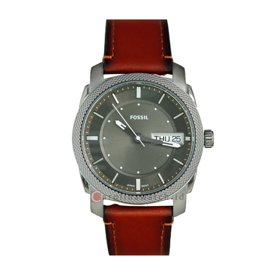 Jam Tangan Fossil Machine FS5900 Men Grey Dial Brown Leather Strap