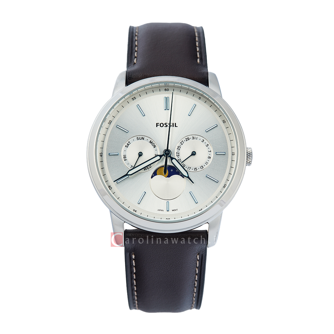 Jam Tangan Fossil Neutra FS5905 Moonphase Multifunction Men Silver Dial Brown Leather Strap