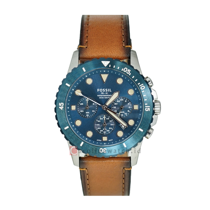 Jam Tangan Fossil FB-01 FS5914 Chronograph Men Blue Dial Windsor Tan Leather Strap