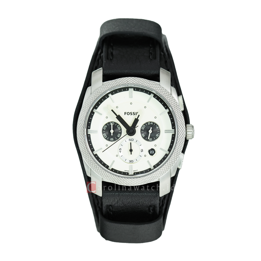 Jam Tangan Fossil Machine FS5921 Chronograph Men White Dial Black Leather Strap