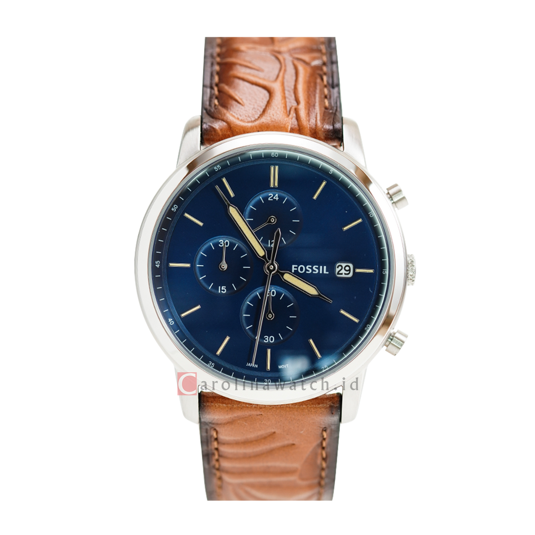 Jam Tangan Fossil Minimalist FS5928 Chronograph Men Blue Dial Brown Leather Strap