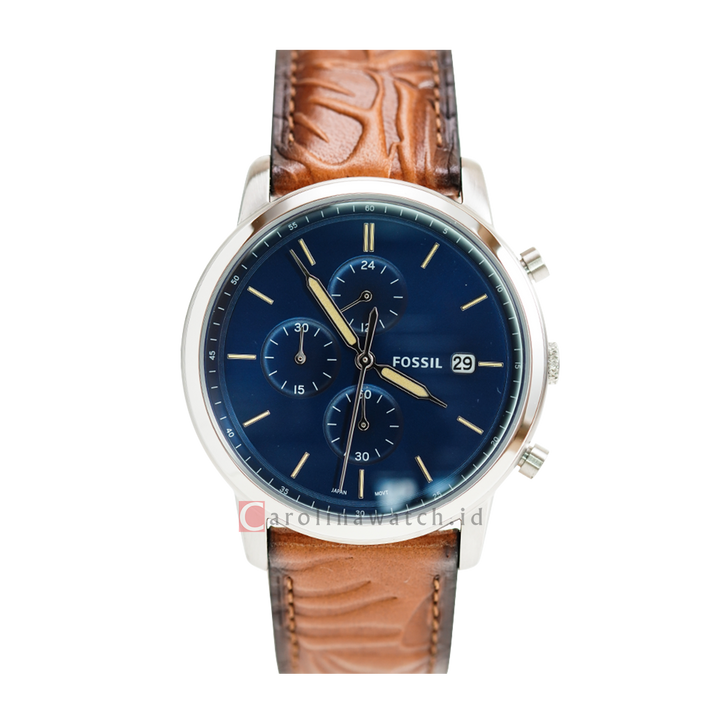 Jam Tangan Fossil Minimalist FS5928 Chronograph Men Blue Dial Brown Leather Strap