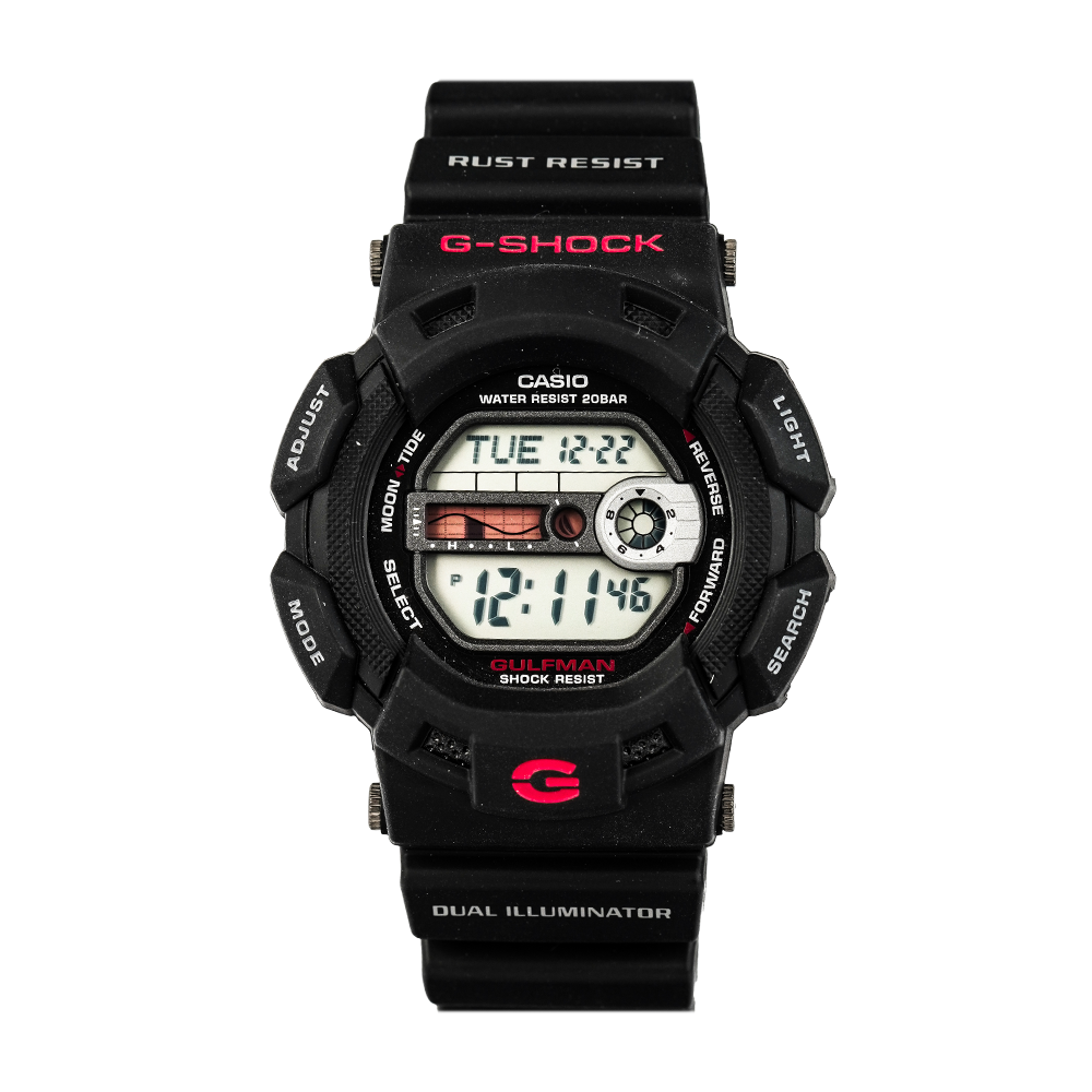 Jam Tangan Casio G-Shock Gulfman G-9100-1D Men Tide Graph Digital Black Resin Band