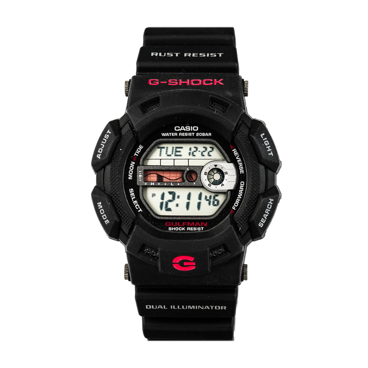 Jam Tangan Casio G-Shock Gulfman G-9100-1D Men Tide Graph Digital Black Resin Band