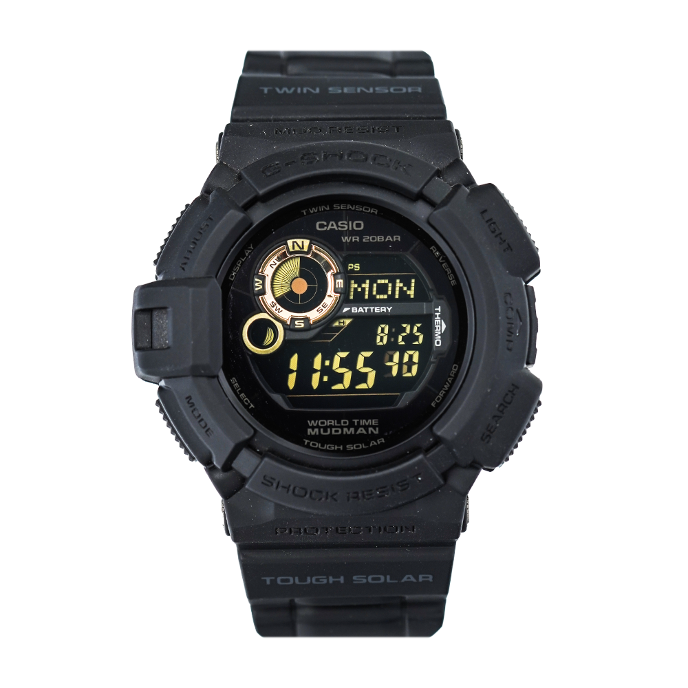 Jam Tangan Casio G-Shock Mudman G-9300GB-1D Men Tough Solar Black & Gold Digital Compass Resin Band