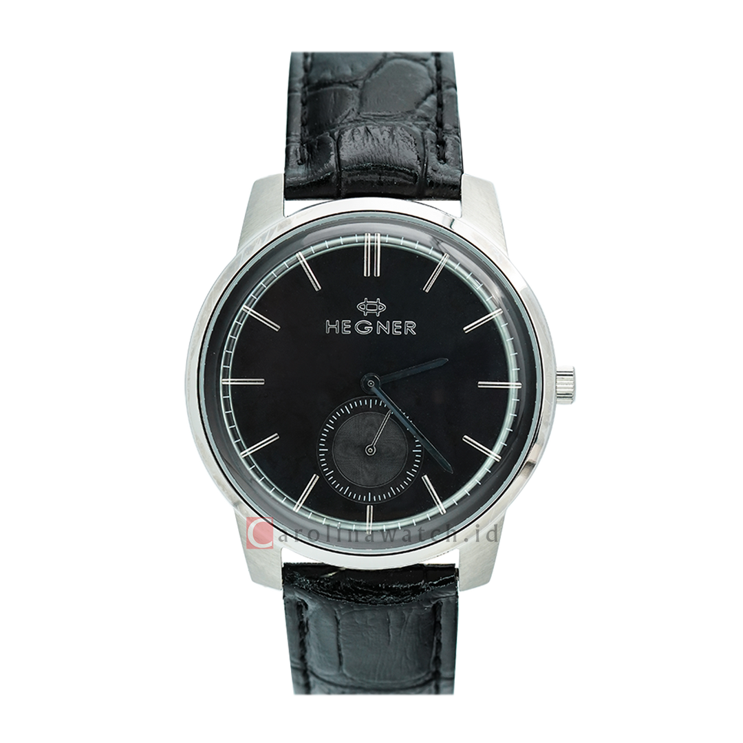 Jam Tangan Hegner G1637SSBA Men Black Dial Black Leather Strap