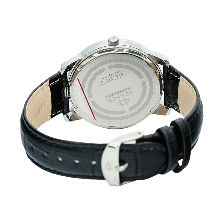 Jam Tangan Hegner G1637SSBA Men Black Dial Black Leather Strap