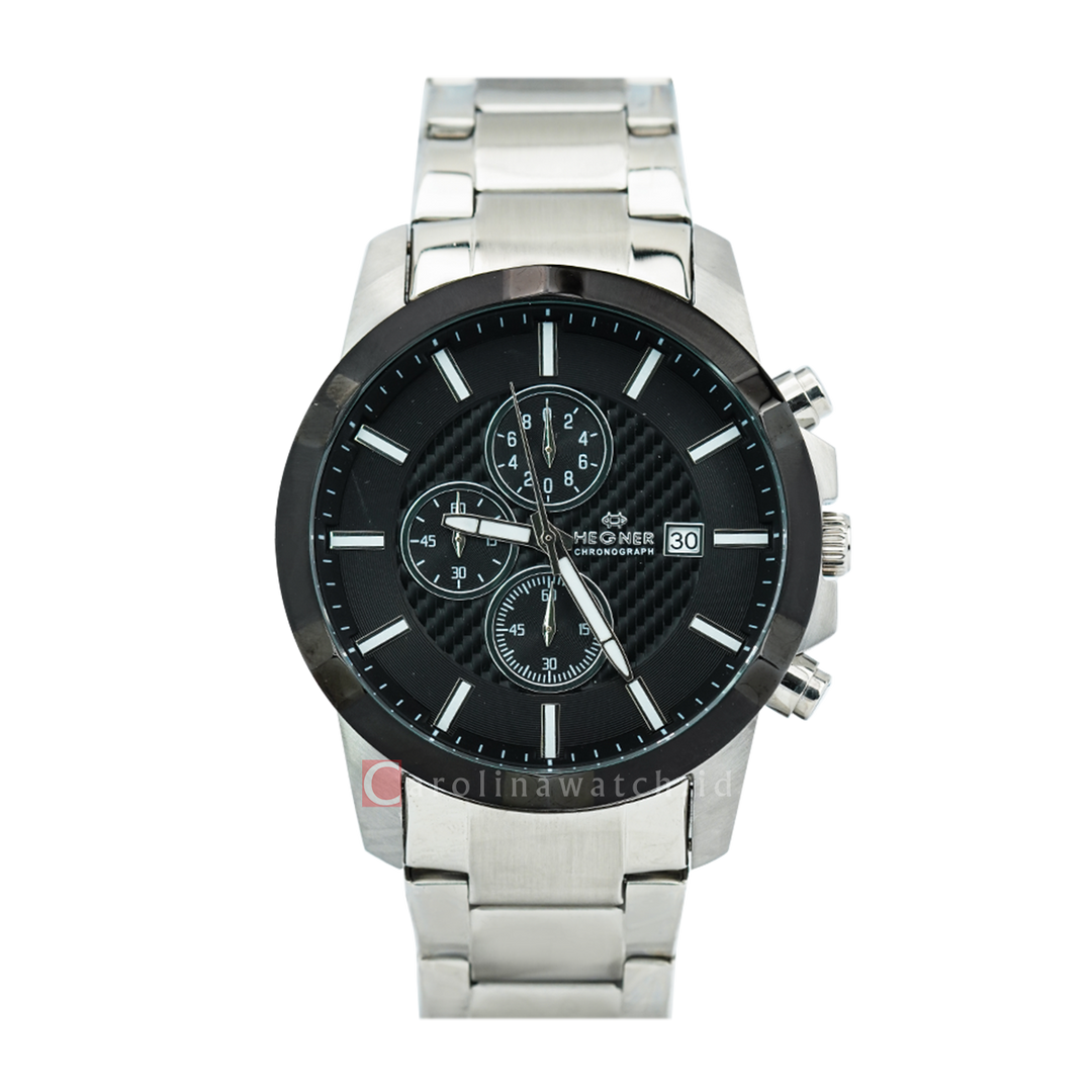Jam Tangan Hegner Chronograph G6602-3SSBA Men Black Dial Stainless Steel Strap