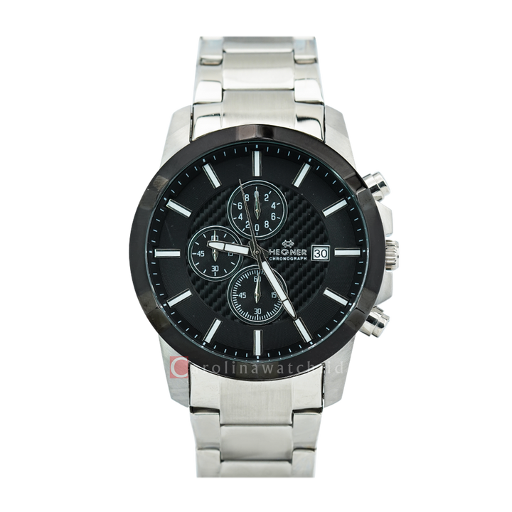 Jam Tangan Hegner Chronograph G6602-3SSBA Men Black Dial Stainless Steel Strap