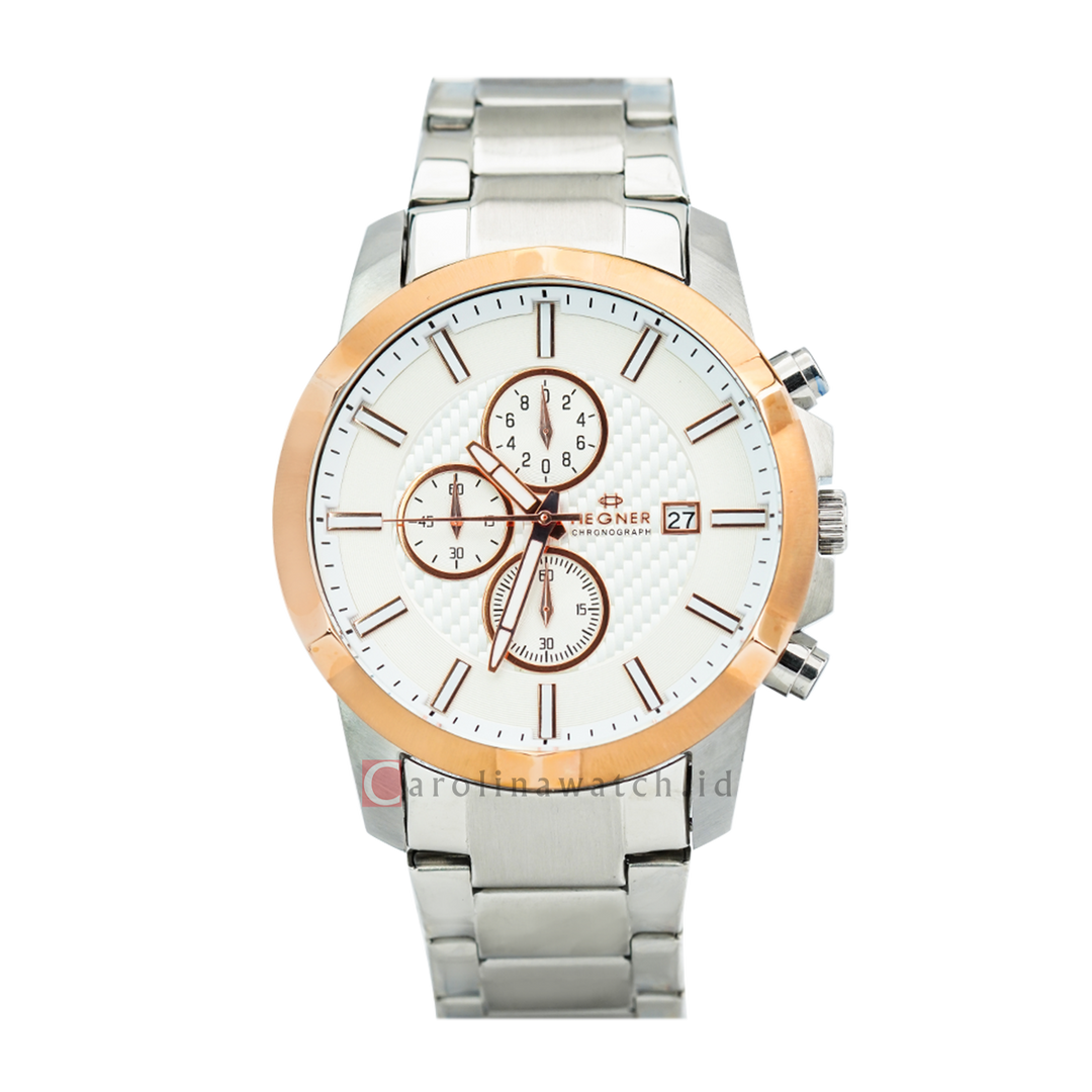 Jam Tangan Hegner Chronograph G6602-3TRSL Men White Dial Stainless Steel Strap