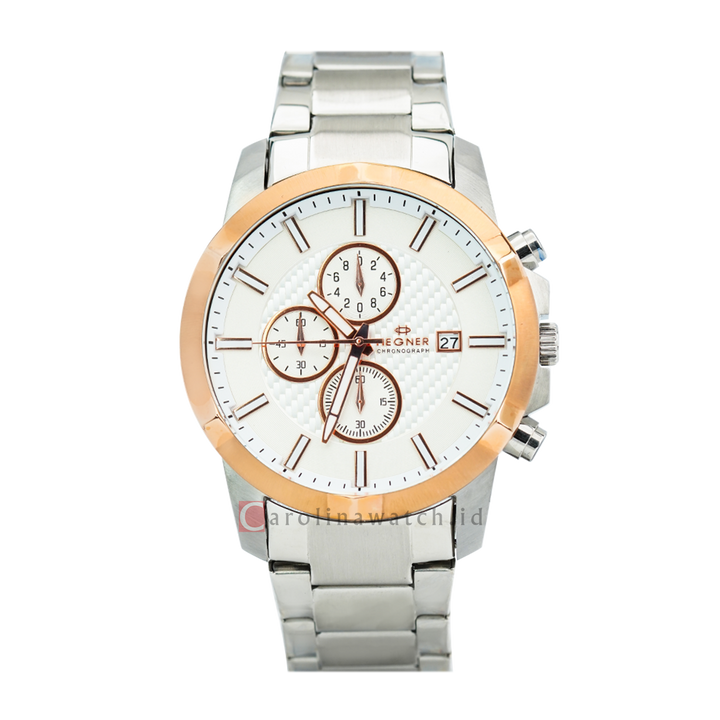 Jam Tangan Hegner Chronograph G6602-3TRSL Men White Dial Stainless Steel Strap