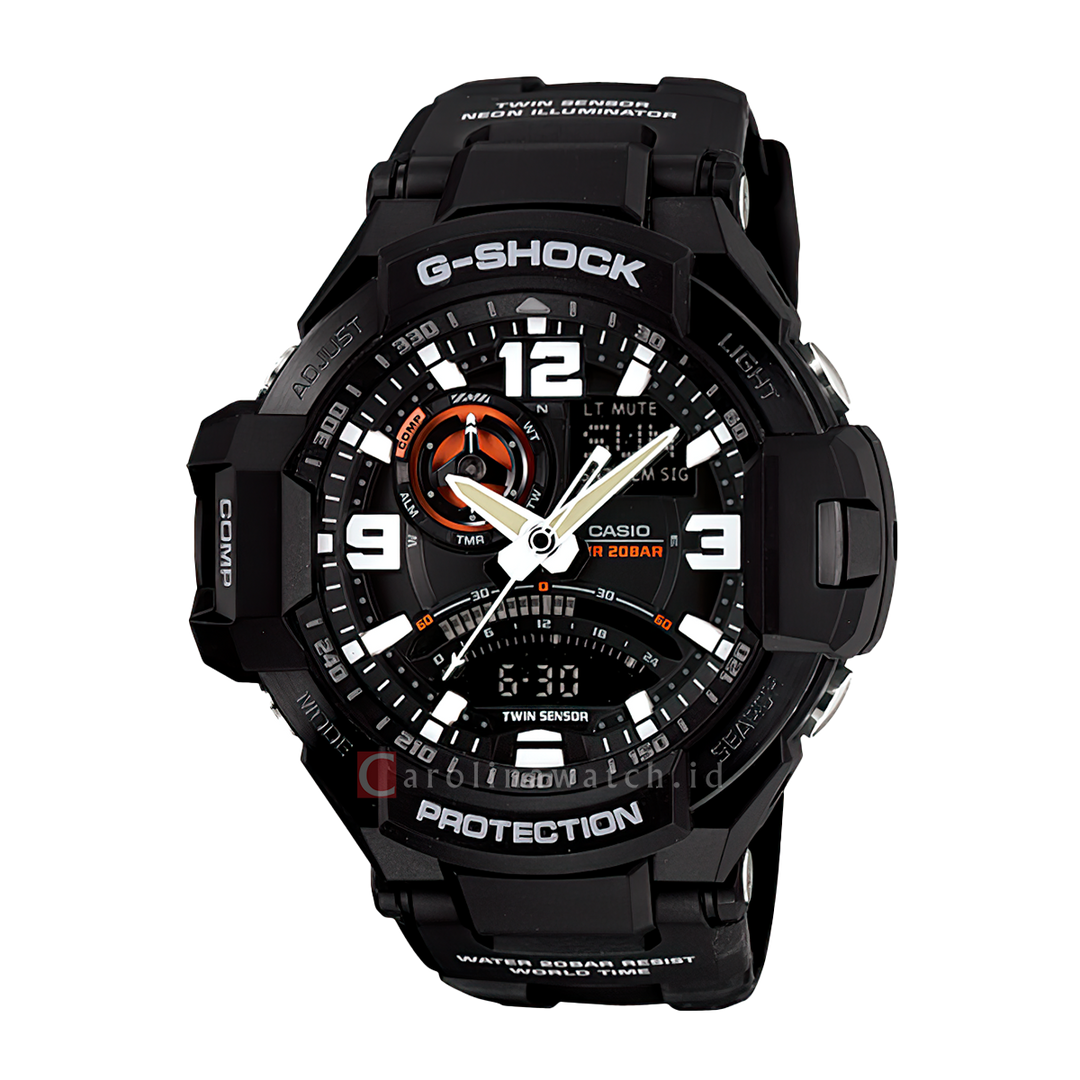 Jam Tangan Casio G-Shock Gravitymaster GA-1000-1A G-Aviation Twin Sensor Digital Compass Men Orange Digital Analog Dial Black Resin Band