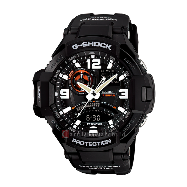 Jam Tangan Casio G-Shock Gravitymaster GA-1000-1A G-Aviation Twin Sensor Digital Compass Men Orange Digital Analog Dial Black Resin Band