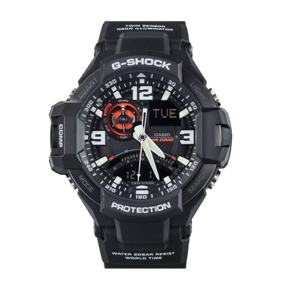 Jam Tangan Casio G-Shock Gravitymaster GA-1000-1A G-Aviation Twin Sensor Digital Compass Men Orange Digital Analog Dial Black Resin Band