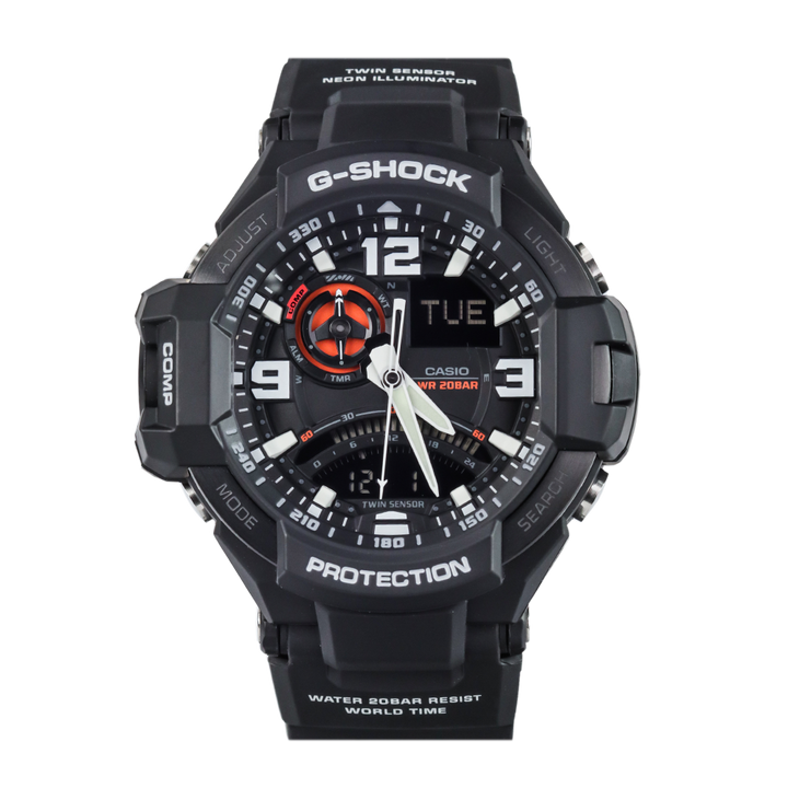 Jam Tangan Casio G-Shock Gravitymaster GA-1000-1A G-Aviation Twin Sensor Digital Compass Men Orange Digital Analog Dial Black Resin Band