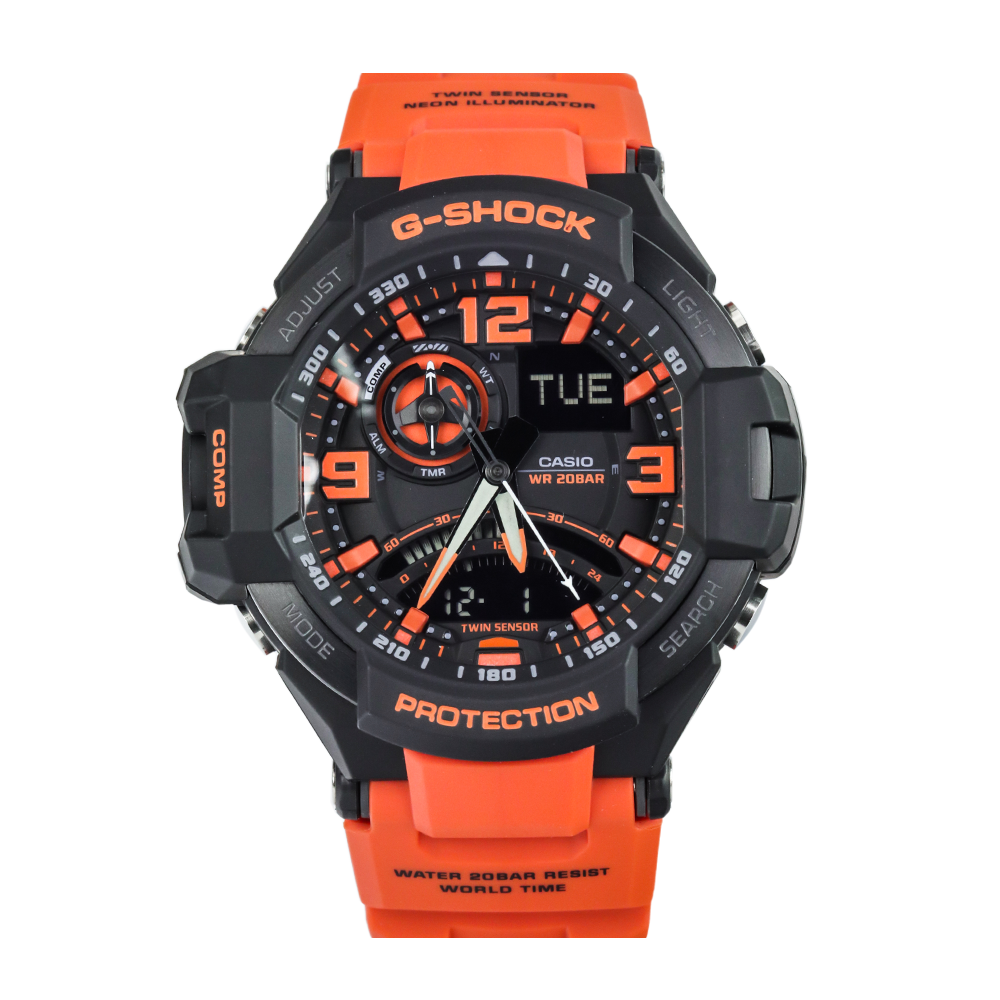 Jam Tangan Casio G-Shock Gravitymaster GA-1000-4A G-Aviation Twin Sensor Digital Compass Men Orange Digital Analog Dial Orange Resin Band