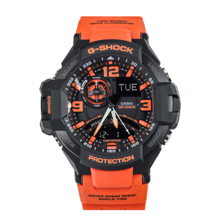 Jam Tangan Casio G-Shock Gravitymaster GA-1000-4A G-Aviation Twin Sensor Digital Compass Men Orange Digital Analog Dial Orange Resin Band