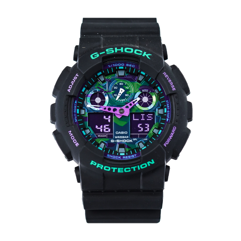 Jam Tangan Casio G-Shock GA-100BL-1A 90s Blue and Purple Series Men Digital Analog Dial Black Resin Band