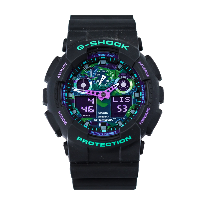 Jam Tangan Casio G-Shock GA-100BL-1A 90s Blue and Purple Series Men Digital Analog Dial Black Resin Band