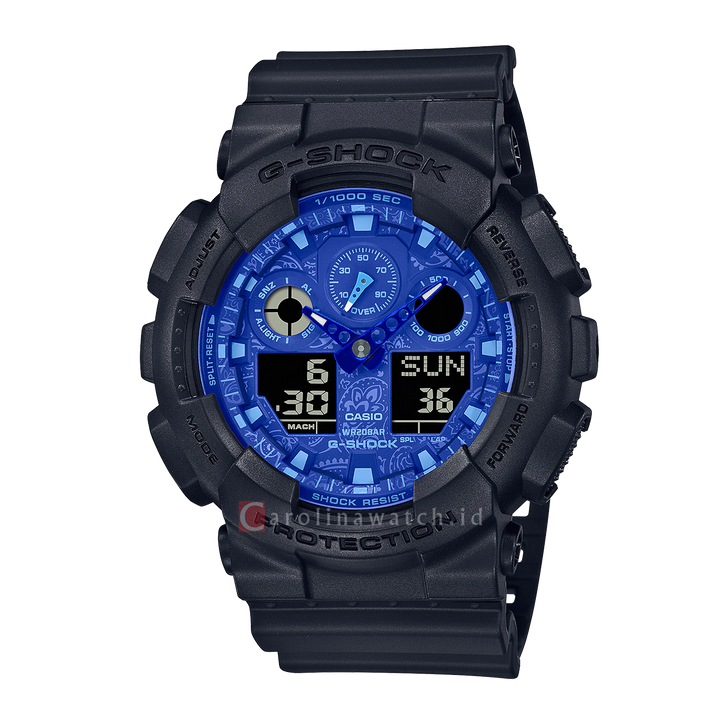 Jam Tangan Casio G-Shock GA-100BP-1A Paisley Blue Series Men Blue Digital Analog Dial Black Resin Band