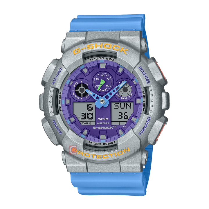 Jam Tangan Casio G-Shock GA-100EU-8A2 Men Purple Digital Analog Dial Vivid Cerulean Blue Resin Band